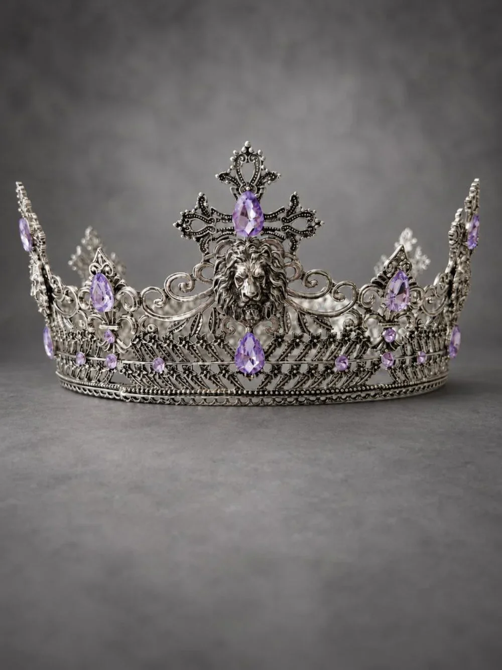 Silver Lion King Crown Purple Crystal Cross Medieval Royal Cosplay Wedding Prom